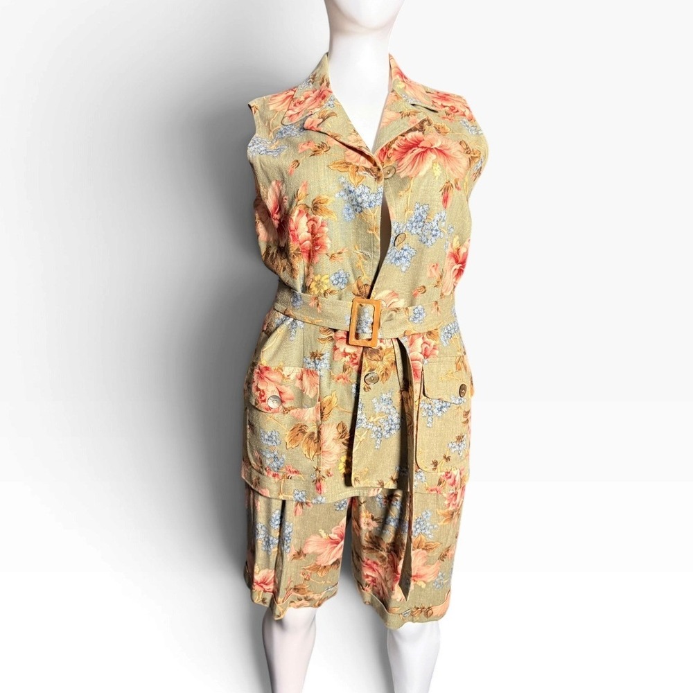 Vintage 90s Scott Taylor Floral Linen Blend Belted Top Shorts 2 Pc Set 8 10